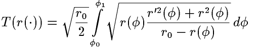 (r(\cdot))=\sqrt{\frac{r_0}{2}}\int\limits_{\phi_0}^{\phi_1}\sqrt{
r(\phi)\frac{r'^2(\phi)+r^2(\phi)}{r_0-r(\phi)}}
\, d\phi
